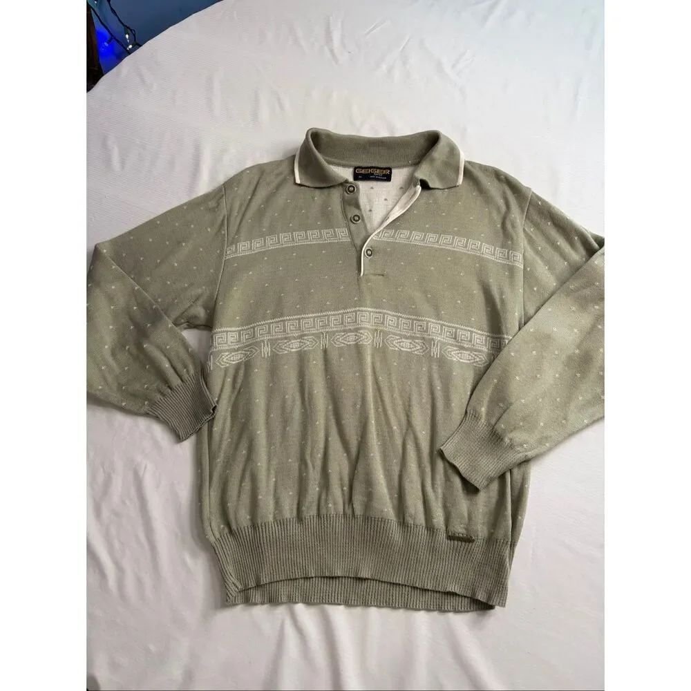 Vintage Geiger Tirol Austria Sweater Polo Mens Size 50 Large Olive Green Knit Pu